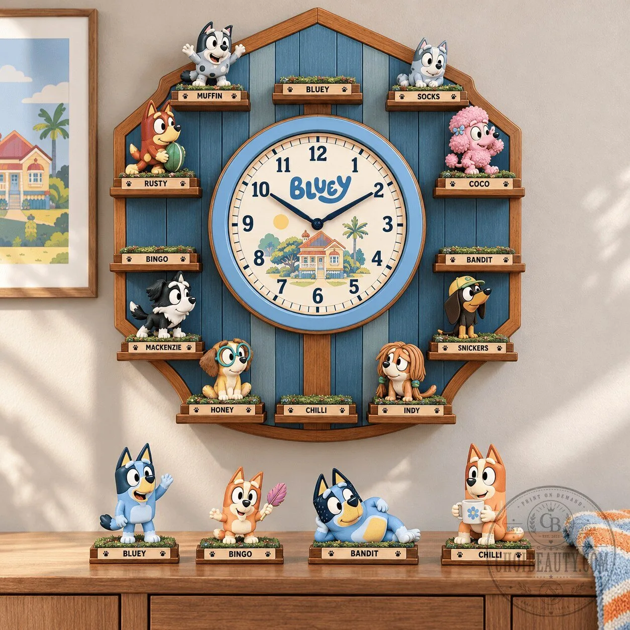 Bluey Family and Friends Character Wall Clock with Figurine Collection