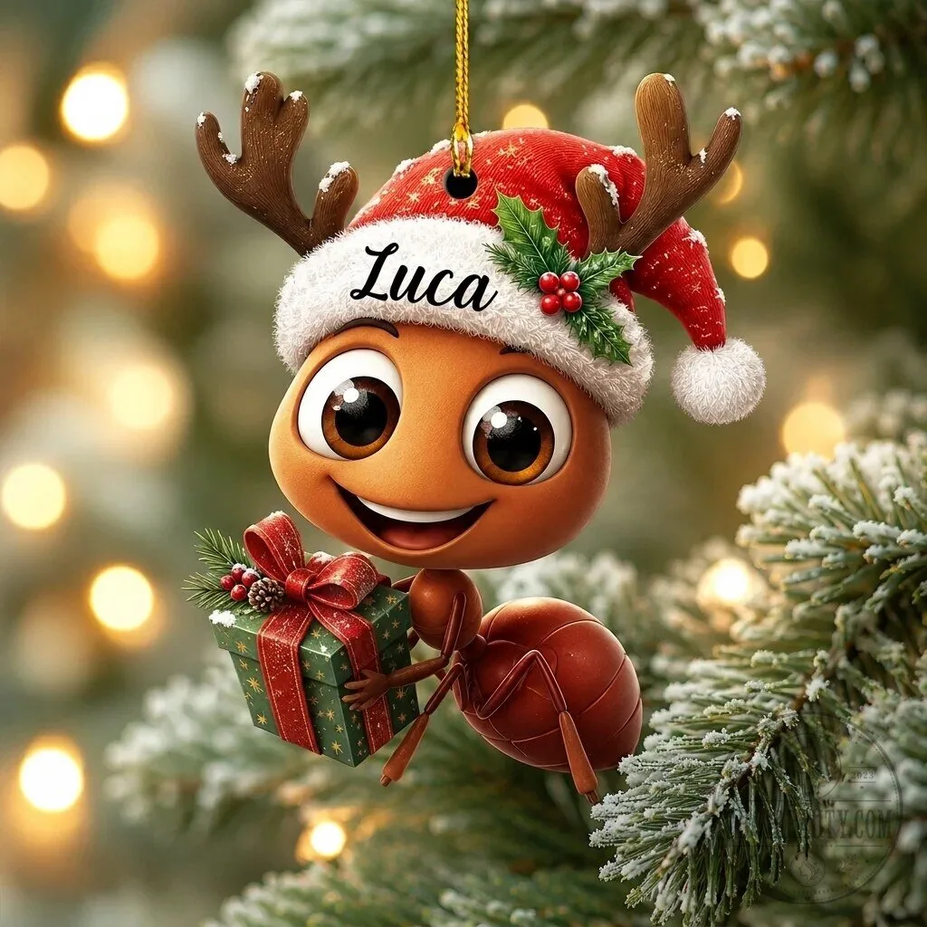 Personalized Christmas Ant Ornament with Santa Hat and Reindeer Antlers 3 Personalized Christmas Ant Ornament with Santa Hat and Reindeer Antlers
