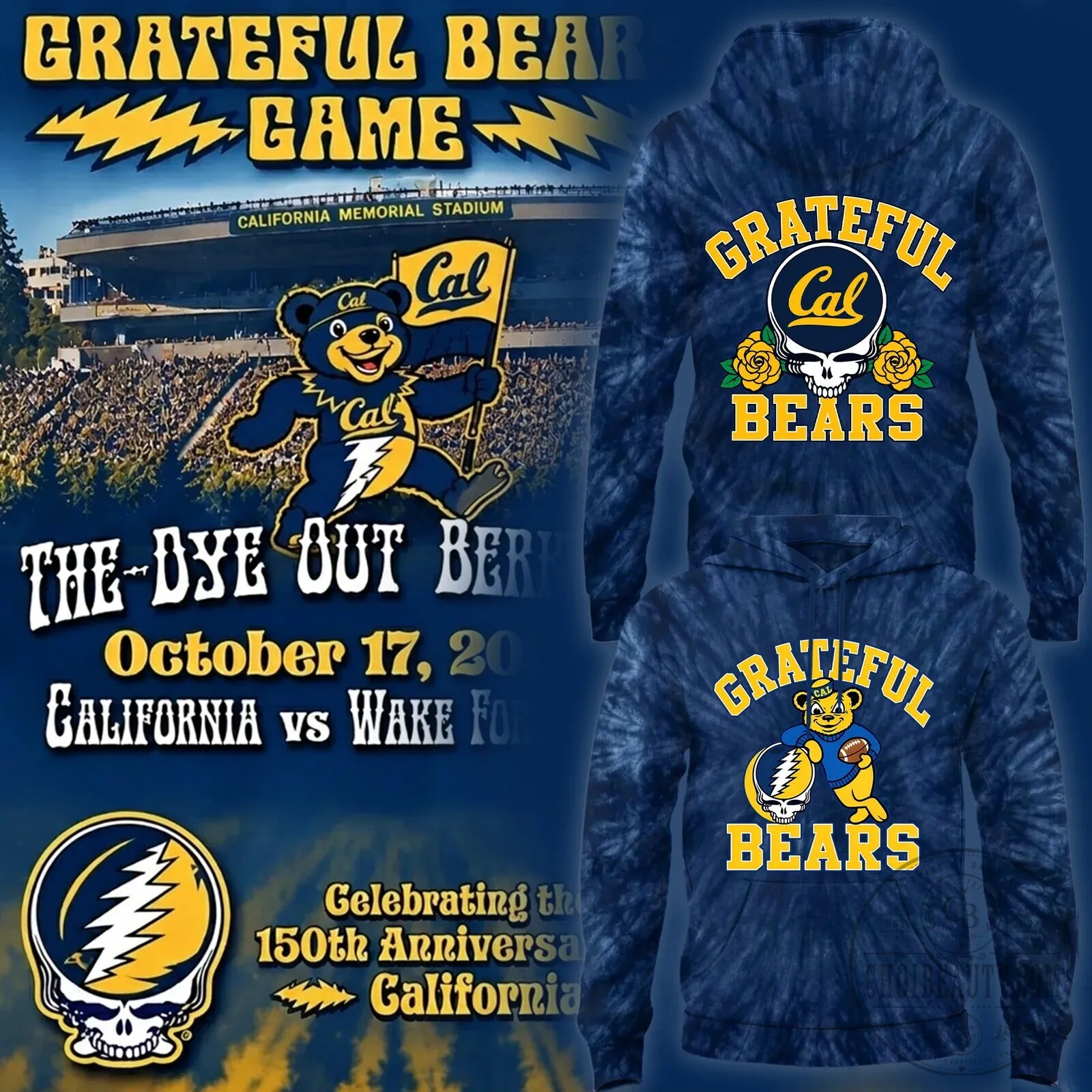 Tie-Dye Hoodie with Grateful Dead Design for California Golden Bears Football Fans