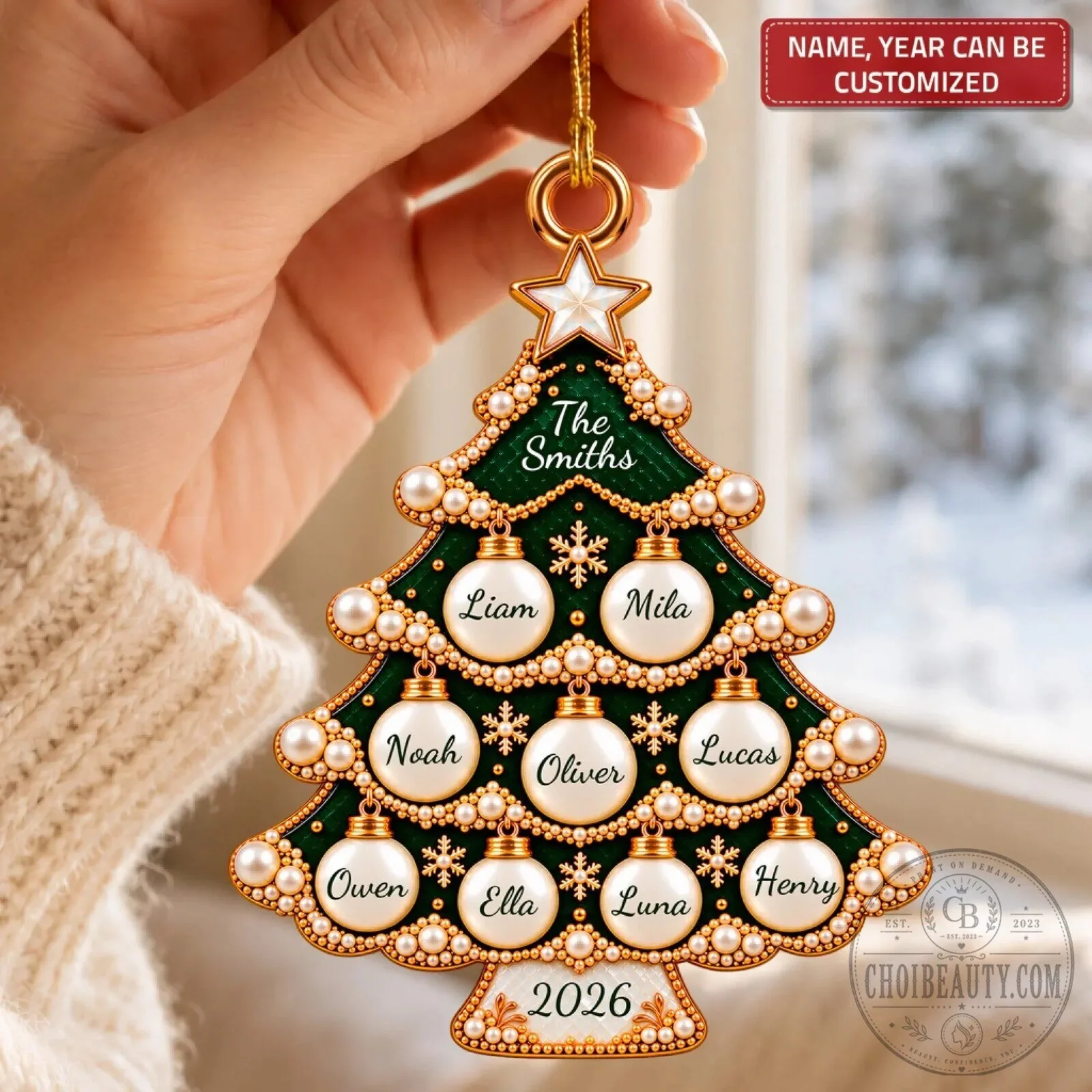 Personalized Family Christmas Tree Emerald Green and Gold Pearl Ornament 9 Personalized Family Christmas Tree Emerald Green and Gold Pearl Ornament