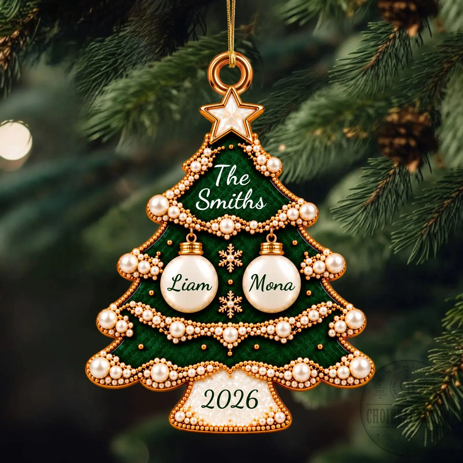 Personalized Family Christmas Tree Emerald Green and Gold Pearl Ornament 10 Personalized Family Christmas Tree Emerald Green and Gold Pearl Ornament