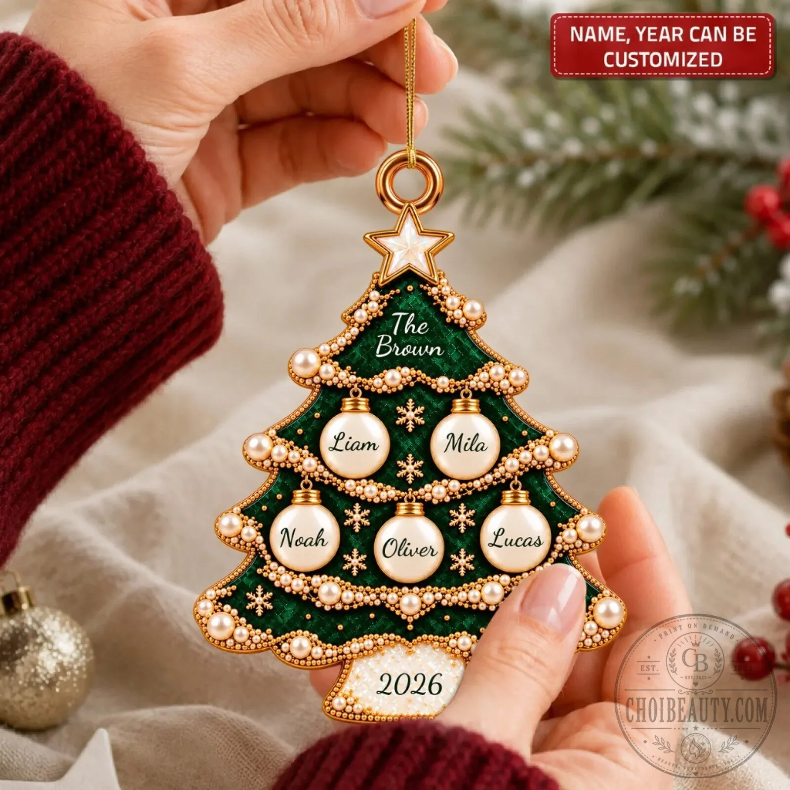 Personalized Family Christmas Tree Emerald Green and Gold Pearl Ornament 11 Personalized Family Christmas Tree Emerald Green and Gold Pearl Ornament