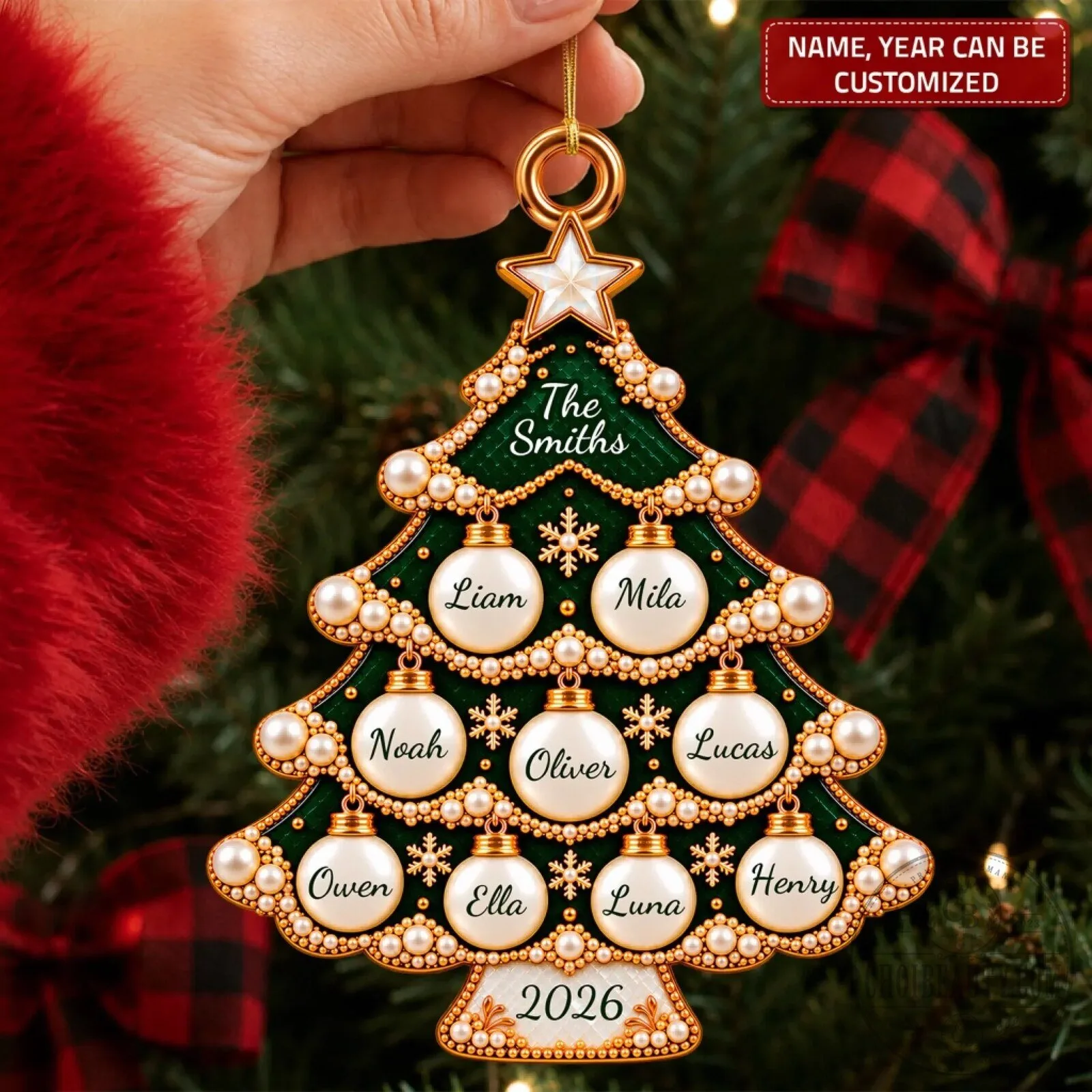 Personalized Family Christmas Tree Emerald Green and Gold Pearl Ornament 12 Personalized Family Christmas Tree Emerald Green and Gold Pearl Ornament