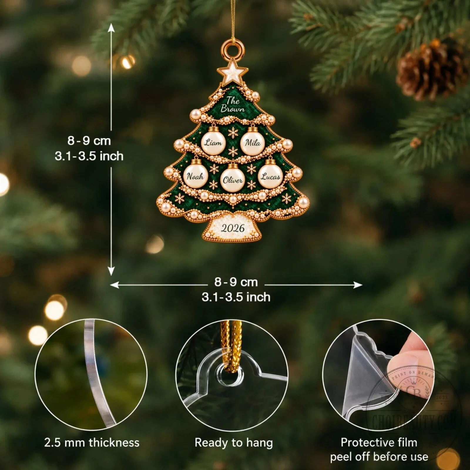 Personalized Family Christmas Tree Emerald Green and Gold Pearl Ornament 13 Personalized Family Christmas Tree Emerald Green and Gold Pearl Ornament