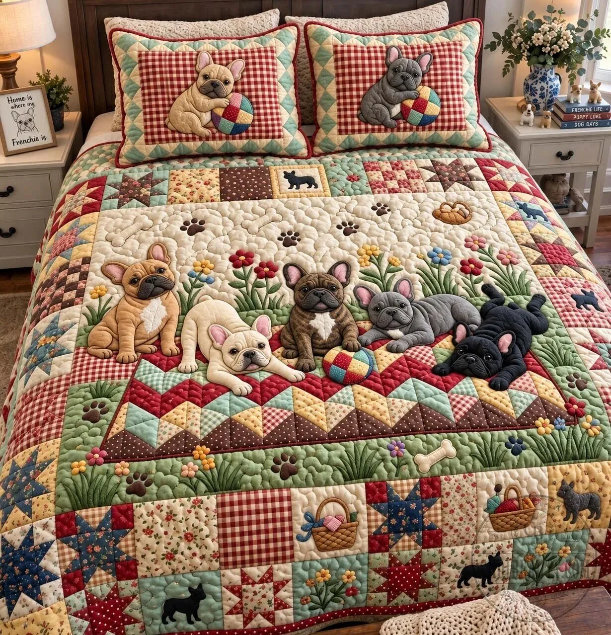 French Bulldog Puppy Dogs Quilted Patchwork Bedding Set with Pillow Shams