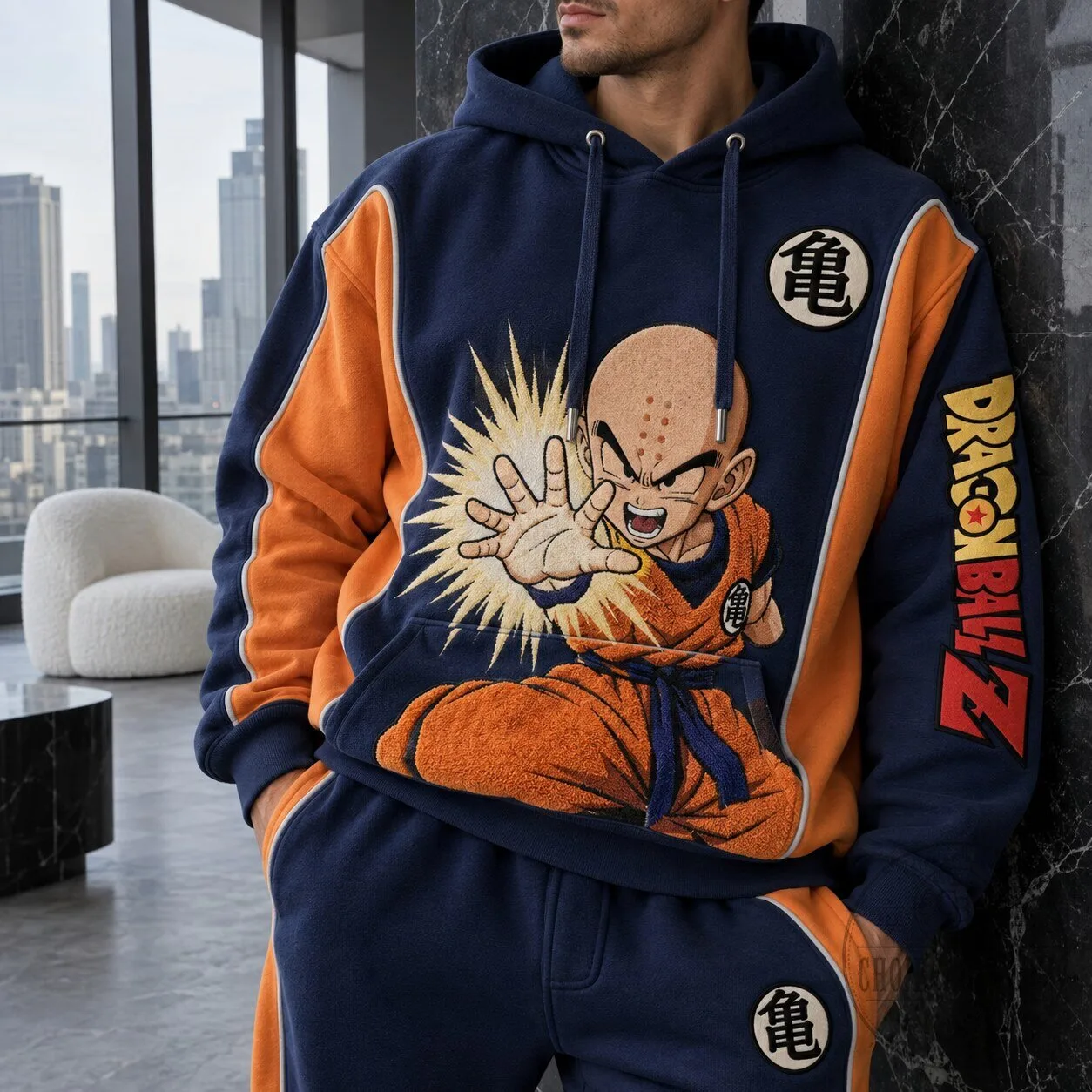 Dragon Ball Z Krillin Anime Character Embroidered Pullover Hoodie for Men