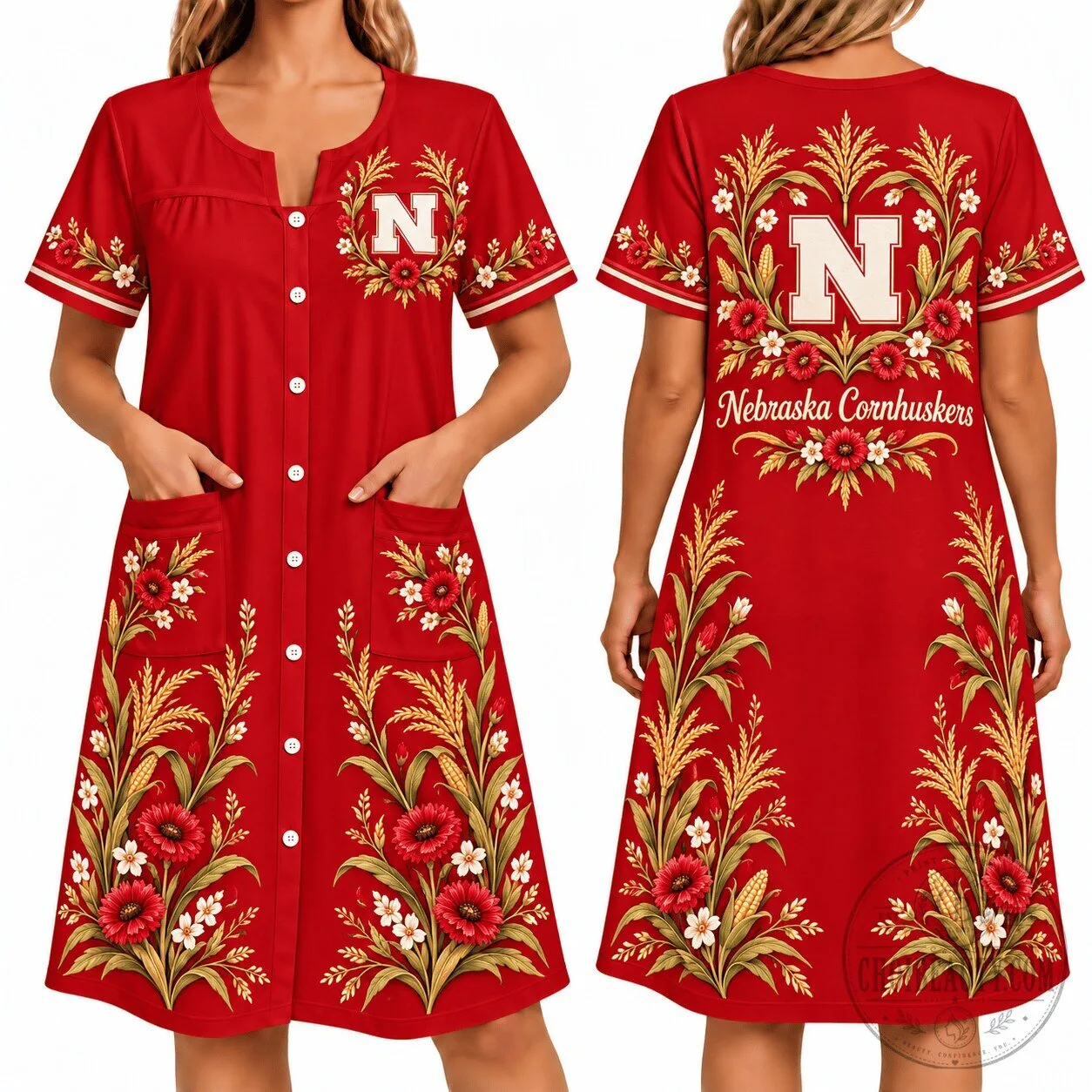 Nebraska Cornhuskers Floral Button-Up House Dress for Women