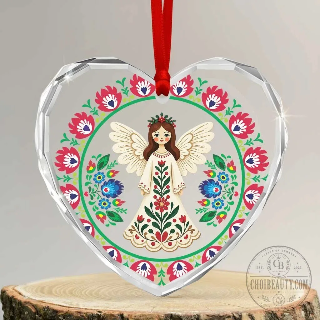 Polish Folk Art Angel Heart Shaped Glass Christmas Tree Ornament 5 Polish Folk Art Angel Heart Shaped Glass Christmas Tree Ornament