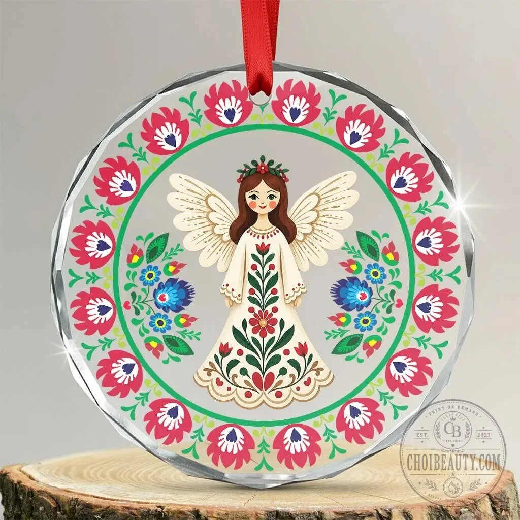 Polish Folk Art Angel Heart Shaped Glass Christmas Tree Ornament 9 Polish Folk Art Angel Heart Shaped Glass Christmas Tree Ornament