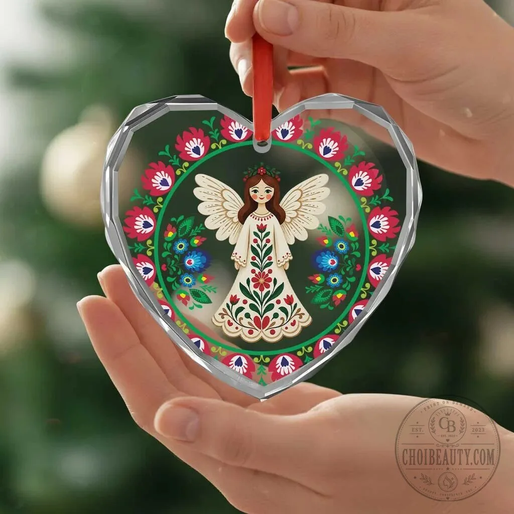 Polish Folk Art Angel Heart Shaped Glass Christmas Tree Ornament 10 Polish Folk Art Angel Heart Shaped Glass Christmas Tree Ornament