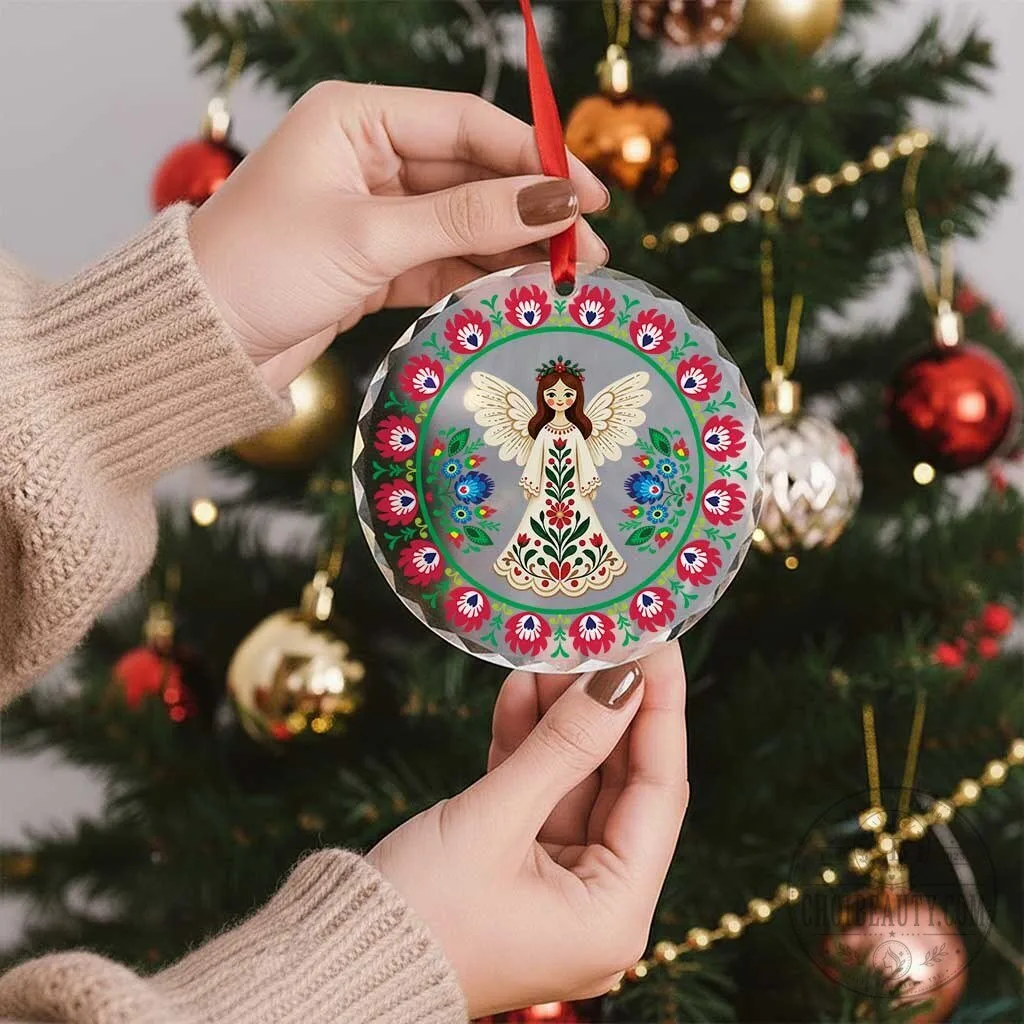 Polish Folk Art Angel Heart Shaped Glass Christmas Tree Ornament 11 Polish Folk Art Angel Heart Shaped Glass Christmas Tree Ornament