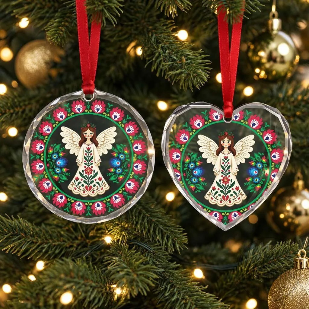 Polish Folk Art Angel Heart Shaped Glass Christmas Tree Ornament 12 Polish Folk Art Angel Heart Shaped Glass Christmas Tree Ornament