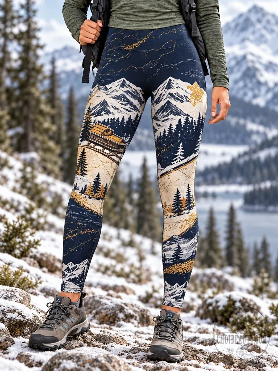 Snow Mountains Trail Print Hike Lovers Leggings for Women