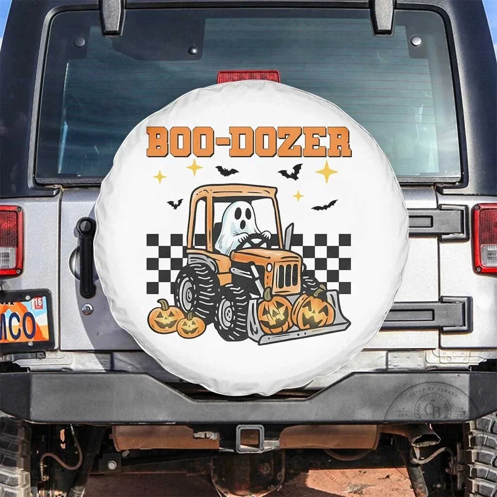 Boo-Dozer Ghost Driving Bulldozer Halloween Spare Tire Cover