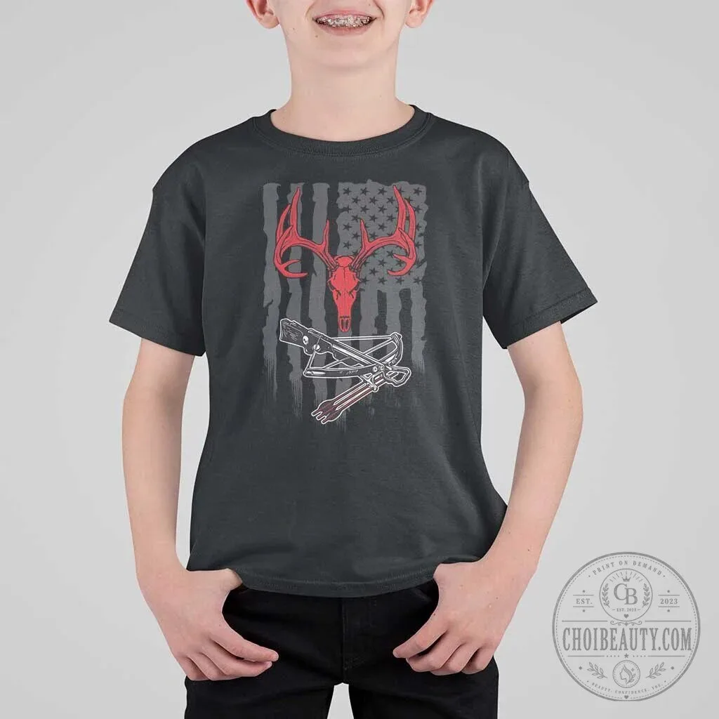 Compound Bow Hunting Deer Skull American Flag Youth T-Shirt