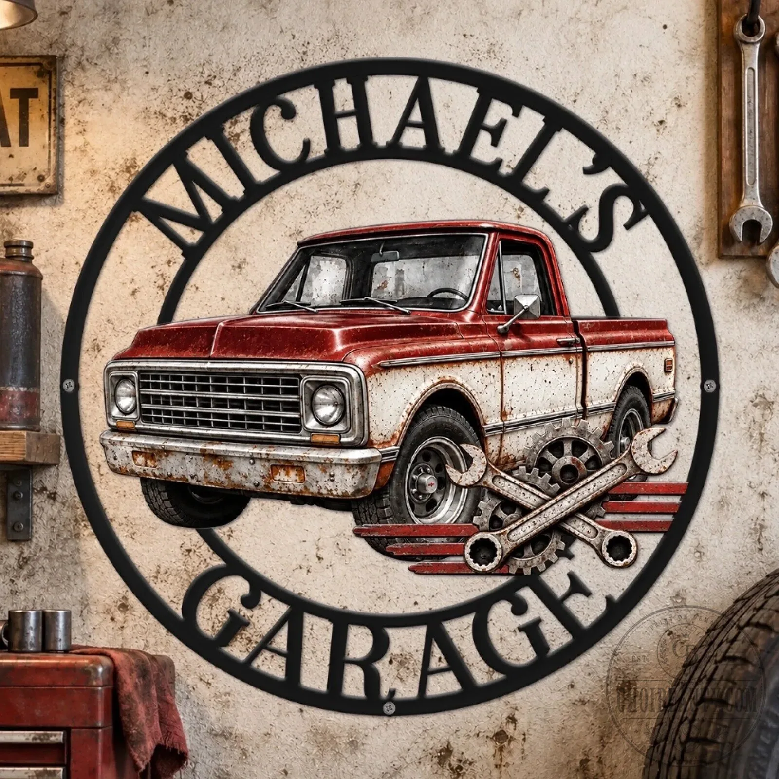 Personalized Michael's Garage Vintage Truck Metal Wall Art Sign