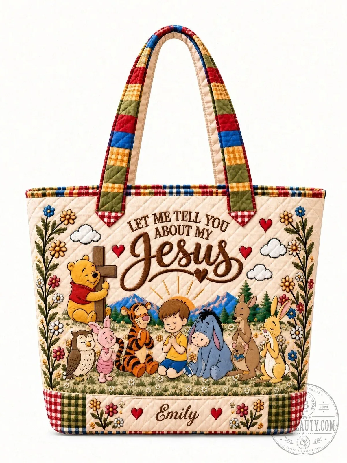Let Me Tell You About My Jesus Winnie the Pooh and Friends Personalized Quilted Tote Bag