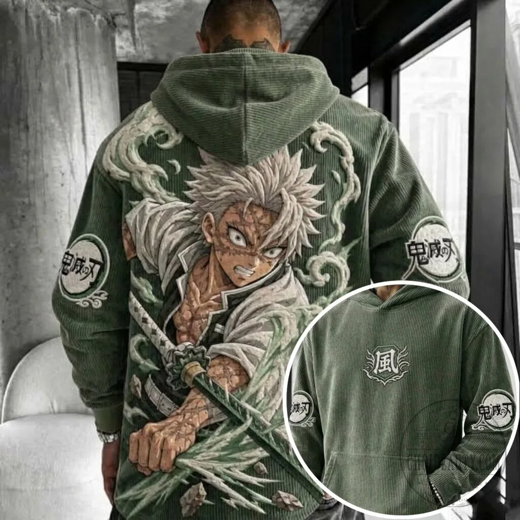 Demon Slayer Sanemi Shinazugawa Anime Embroidered Corduroy Hoodie
