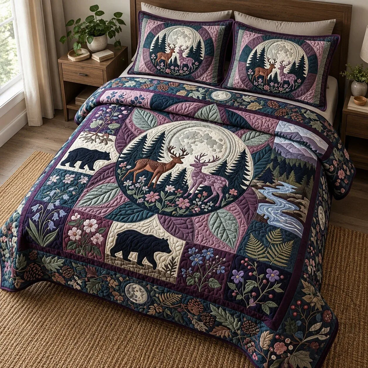 Moonlit Woodland Deer and Bear Quilted Bedding Set with Pillow Shams