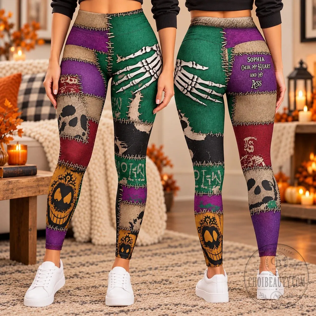 Personalized Halloween Skeleton Hand Patchwork Leggings for Women
