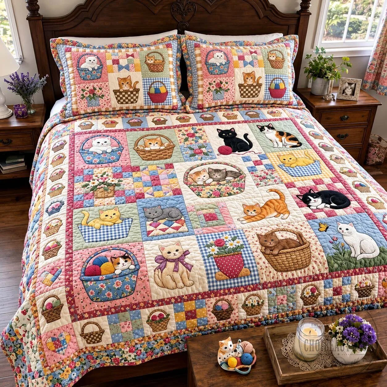 Basketful of Kittens Patchwork Quilted Bedding Set with Cat Designs