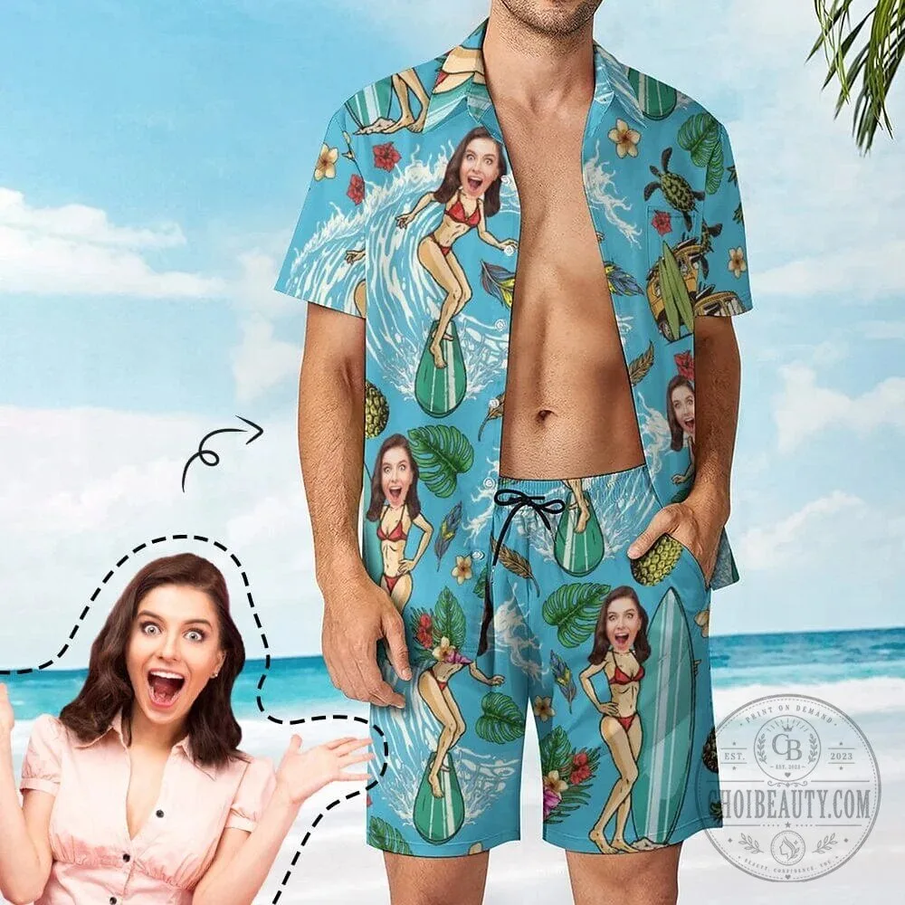 Custom Face Surfer Girl Pattern Button Up Hawaiian Shirt and Shorts Set