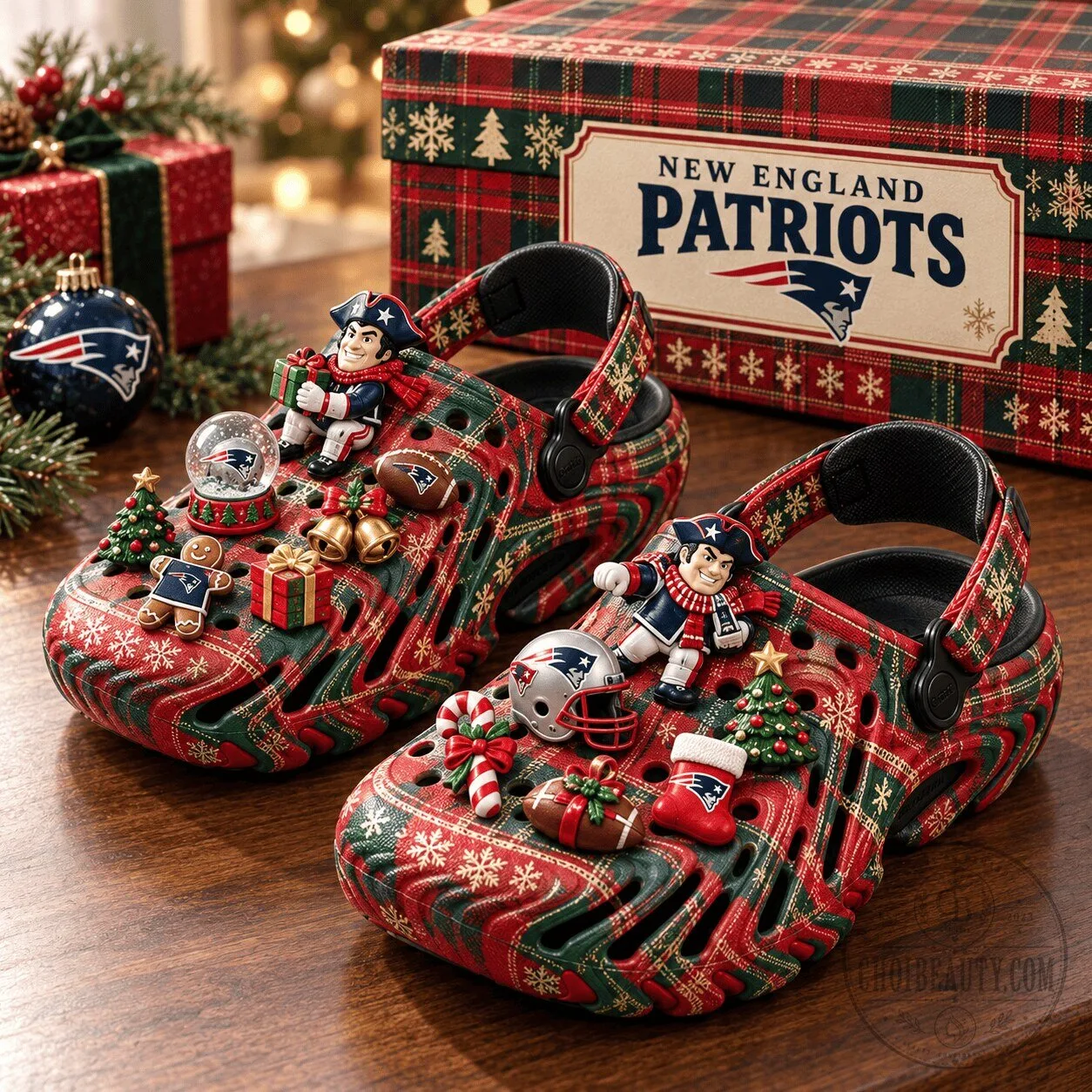 New England Patriots Christmas Plaid Holiday Clogs Shoes