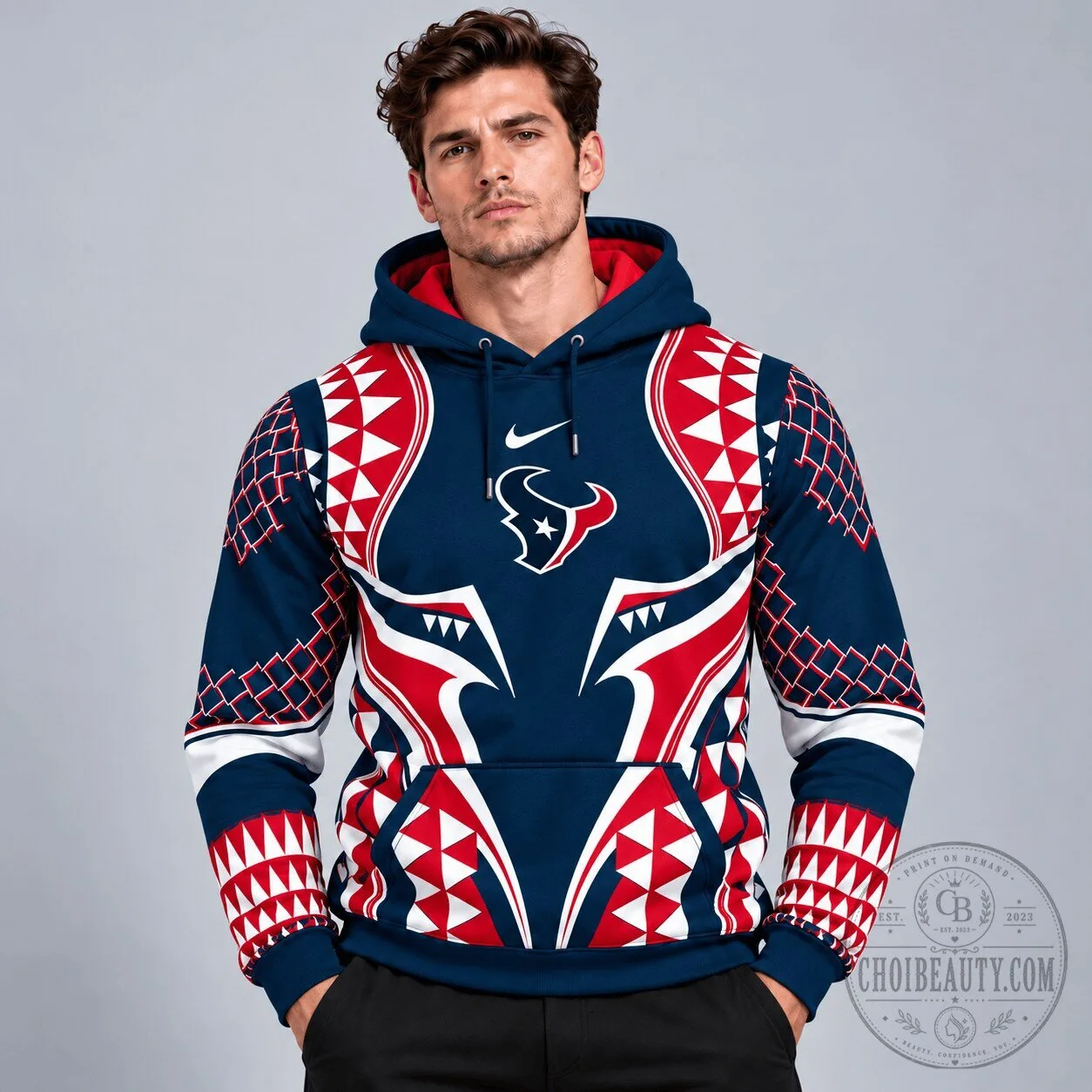Houston Texans Tribal Geometric Pattern Pullover Hoodie