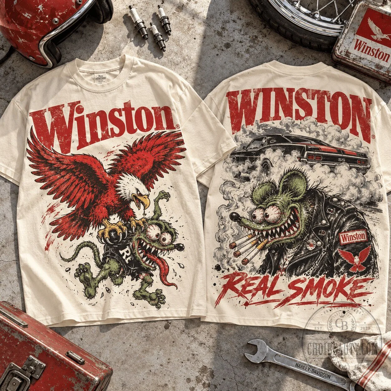 Winston Rat Fink Real Smoke Biker Culture Graphic T-Shirt