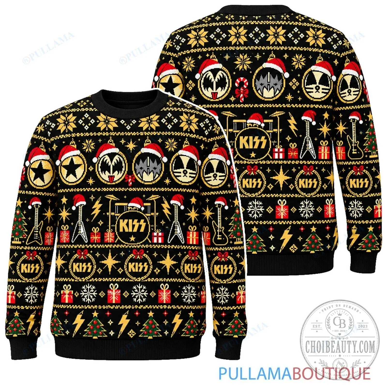 KISS Band Members Black and Gold Ugly Christmas Sweater